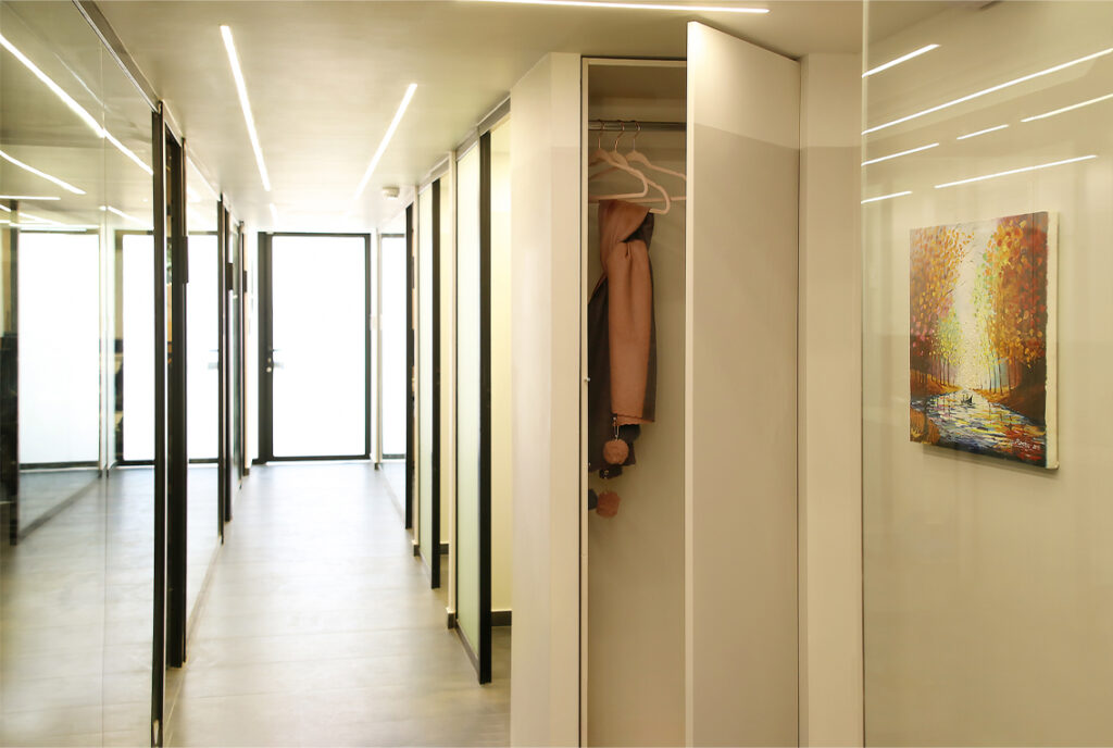 glass office corridor, LED strip lighting