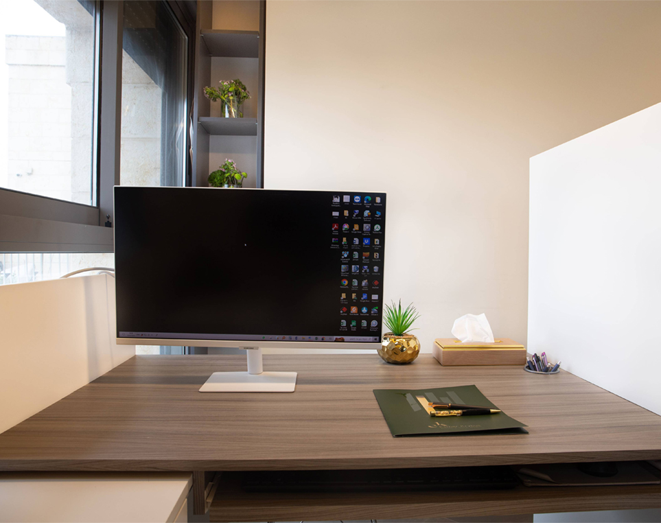 office desk with accoustic noise reduction partition